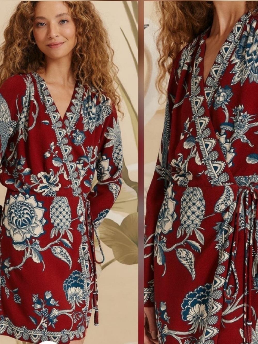 Farm Rio Tropical Landing Red Wrap Mini Dress NWT Size Small Beaded Tassels